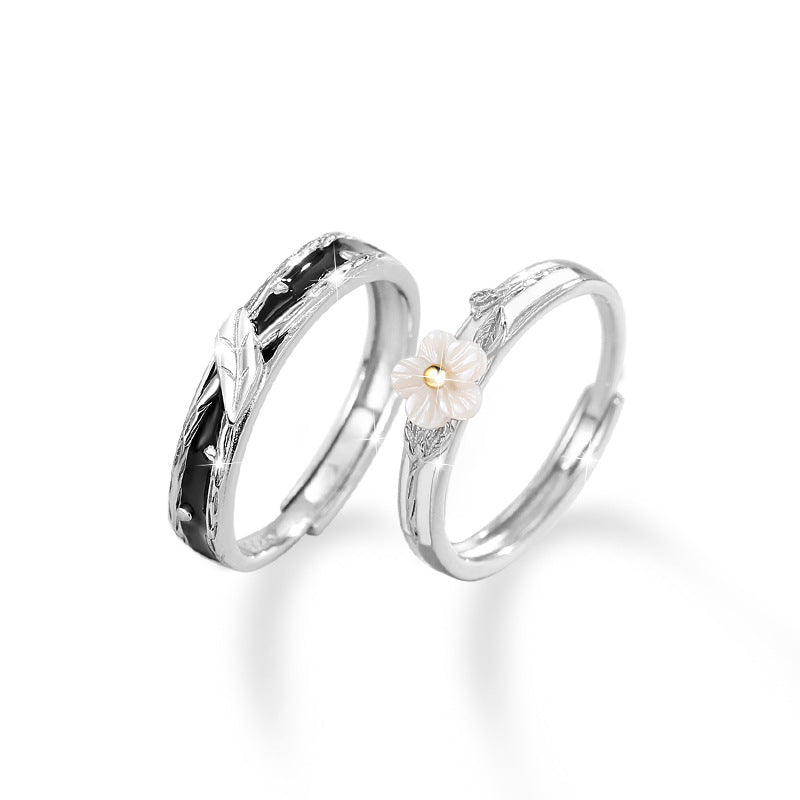 Flower Sterling Silver 925 Couple Ring Men and Women Niche Design Light Luxury Leaf Ring Thing Ins Cherry Blossom Ring
