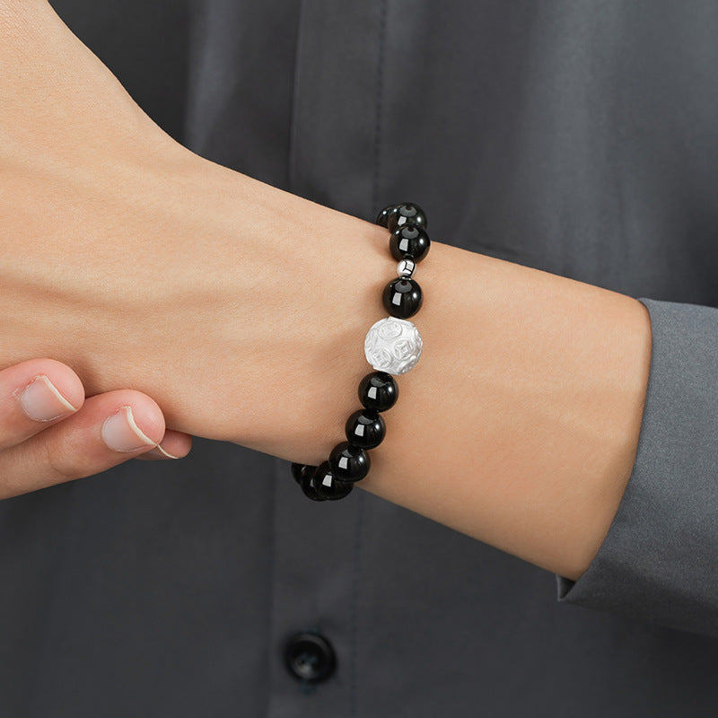 Copper Coin Sterling Silver 925 Bracelet New Chinese National Fashion Obsidian Lucky Beads Bracelet Light Luxury Little Red Book Same Bracelet