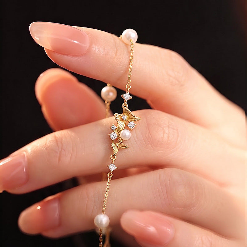 S925 Silver Necklace Bracelet Earrings Butterfly Pearl Set Women's Light Luxury High-Grade Clavicle Chain Niche Gift Jewelry