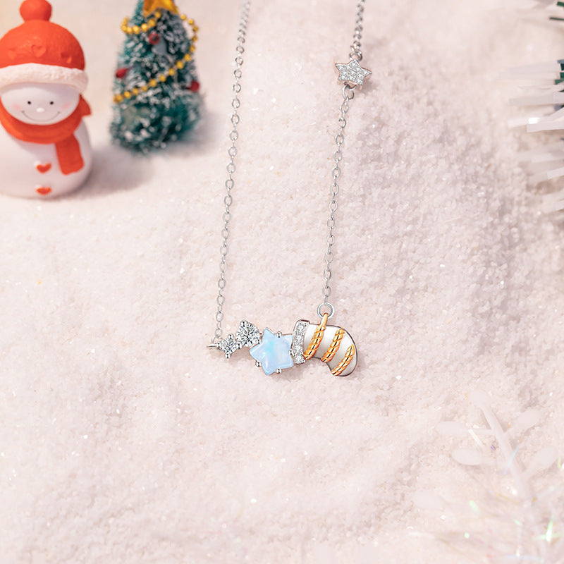 Christmas Socks Sterling Silver 925 Necklace Female Niche Design Light Luxury Glass Stone Clavicle Chain Ins Style Star Pendant