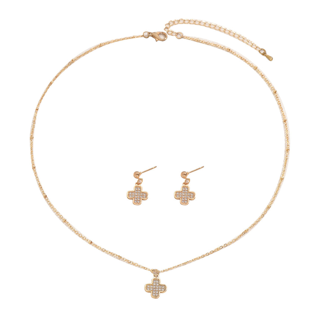 Fashionable Simple Korean Style Women's Inlaid Zircon Necklace Earrings Set Personalized Four-Leaf Clover Design Clavicle Chain Earrings