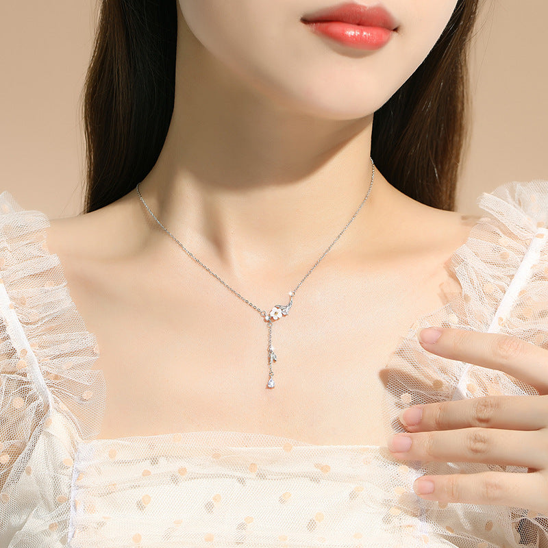 Cherry Blossom Sterling Silver 925 Necklace Women's Fashion Versatile Butterfly Zircon Clavicle Chain Ins Style Flower Tassel Necklace