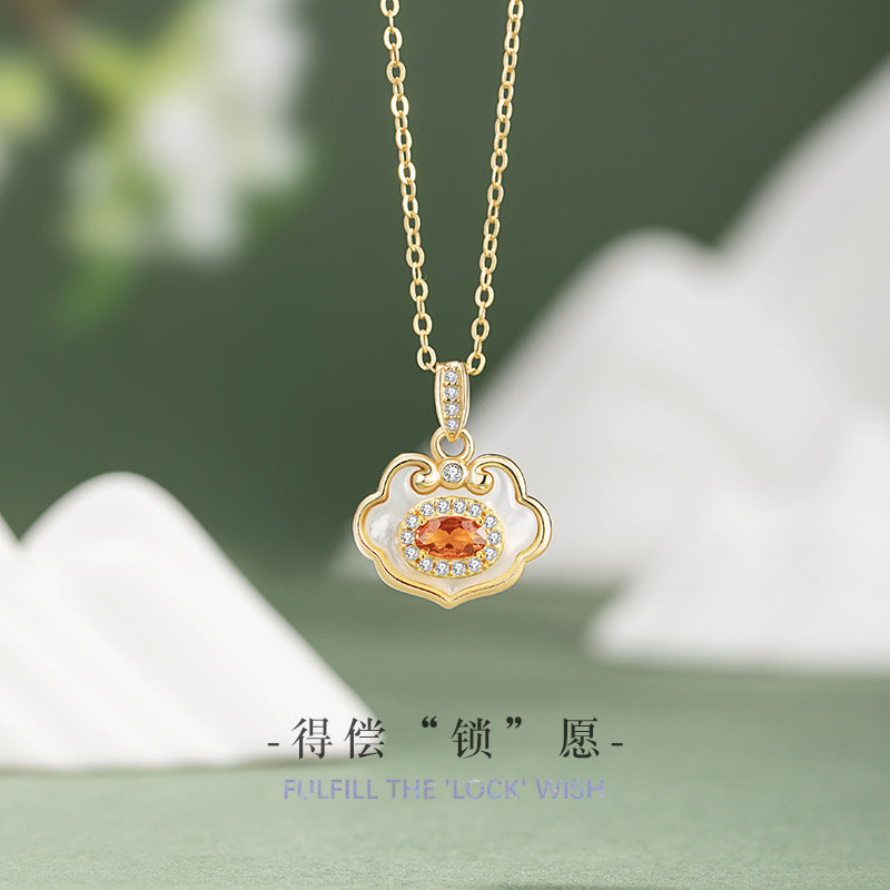 Ruyi Lock Sterling Silver 925 Necklace New Chinese National Fashion Zircon Copper Coin Clavicle Chain Ins Light Luxury Style Safety Lock Pendant