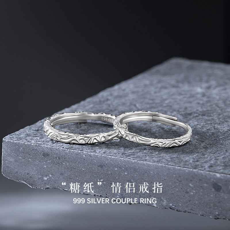 Candy Paper Pure Silver 999 Couple Ring Niche Design Light Luxury Irregular Plain Ring Ins Style Starry Ring