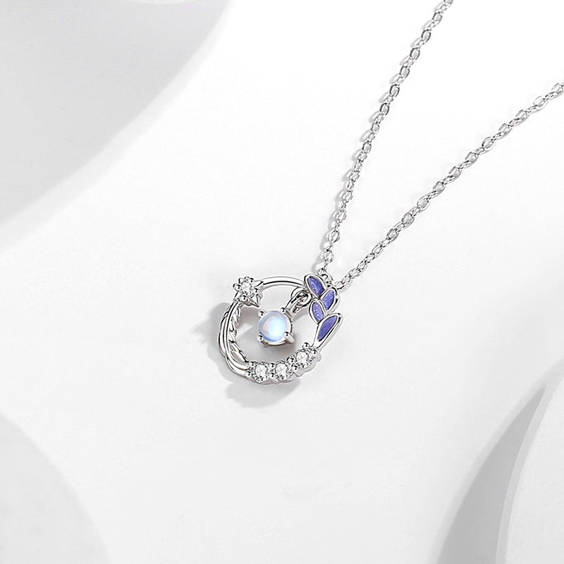 Feather Sterling Silver 925 Necklace Female Niche Design Light Luxury Zircon Clavicle Chain Ins Style Fantasy Glass Stone Pendant