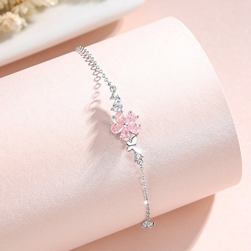 Cherry Blossom Sterling Silver 925 Bracelet Female Niche Design Light Luxury Pink Zircon Bracelet for Girls Ins Style Butterfly Bracelet