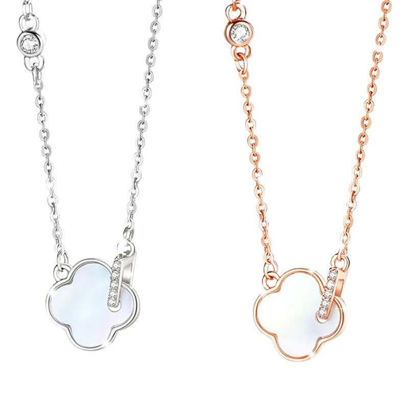 Lucky Clover Sterling Silver 925 Necklace Women's Fashion All-Match Zircon Clavicle Chain Goods Ins White Fritillary Pendant