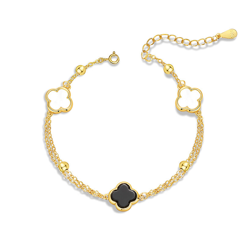 Lucky Clover Sterling Silver 925 Bracelet Female Niche Design Light Luxury Black Agate Bracelet Ins Style Flower Bracelet