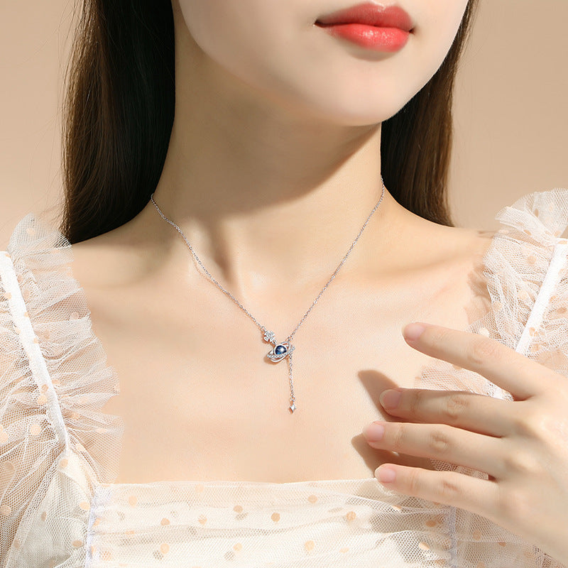 Planet Sterling Silver 925 Necklace Women's Fashion All-Match Saturn Clavicle Chain Goods Ins Style Glazed Stone Star Pendant