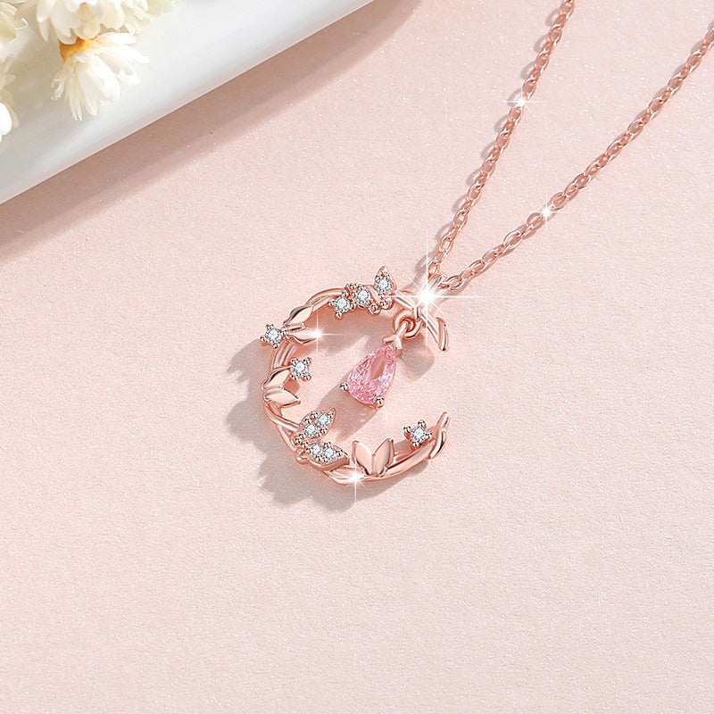 Butterfly Sterling Silver 925 Necklace Women's Fashionable All-Match Pink Zircon Clavicle Chain, INS Style Flower Pendant