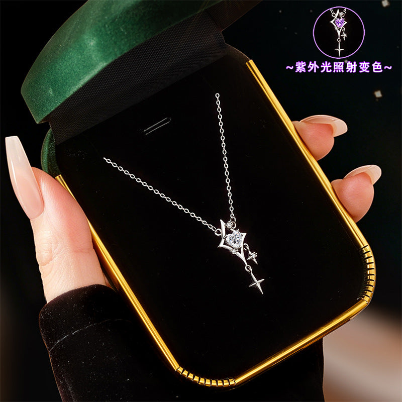 S925 Sterling Silver Necklace Female UV Color-Changing Lovely Zircon Niche Light Luxury Clavicle Chain Birthday Gift for Girlfriend