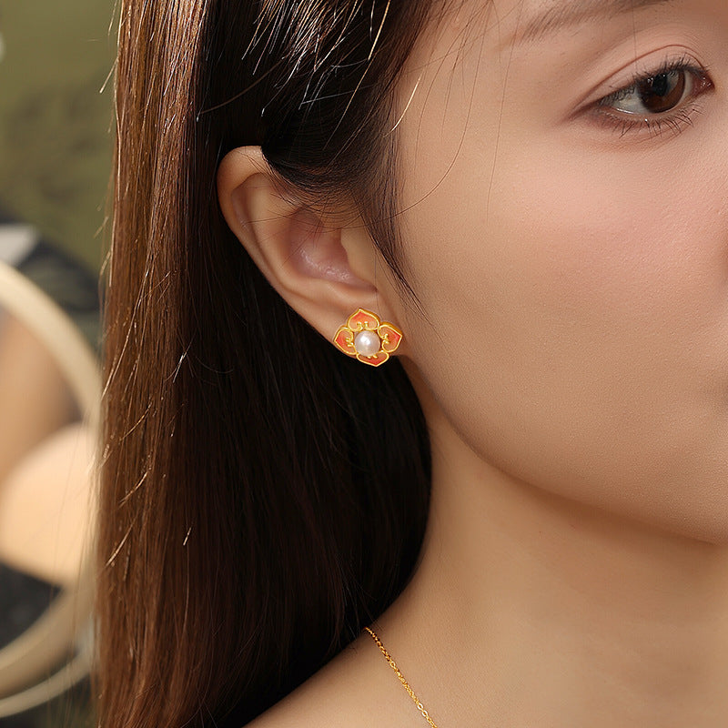 New Chinese Natural Freshwater Pearl Set S925 Sterling Silver Begonia Flower Necklace Ring Stud Earrings Enamel National Style Jewelry