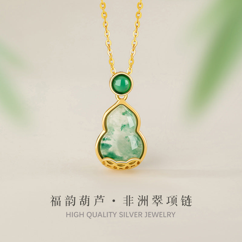 Fu Lu Double Full Sterling Silver 925 Necklace Women's National Fashion Natural African Emerald Copper Coin Clavicle Chain Ins Chalcedony Gourd Pendant