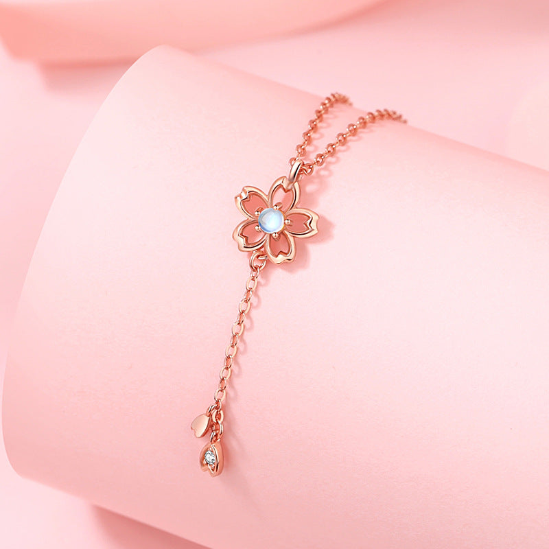 Cherry Blossom Sterling Silver 925 Necklace Women's Fashion Versatile Ins Style Glazed Stone Clavicle Chain Valentine's Day Flower Pendant