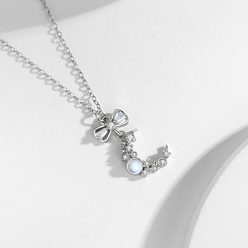 Moon Sterling Silver 925 Necklace Women's Niche Design Light Luxury Bow Clavicle Chain Zircon Moonstone Pendant