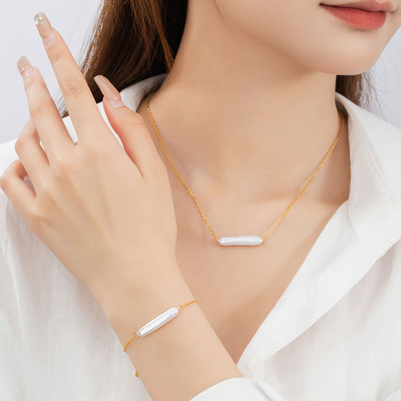 Square Silver Bar Sterling Silver 925 Necklace Niche Design Light Luxury Baroque Pearl Clavicle Chain Ins Style Pendant