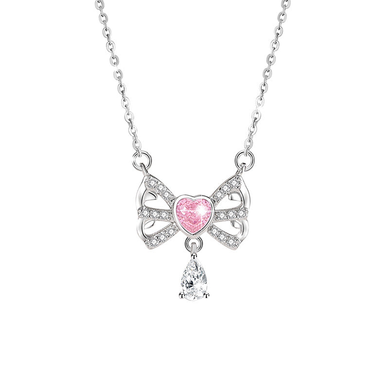 Bowknot Sterling Silver 925 Necklace Female Niche Design Light Luxury Pink Diamond Clavicle Chain Get Things Ins Style Love Pendant