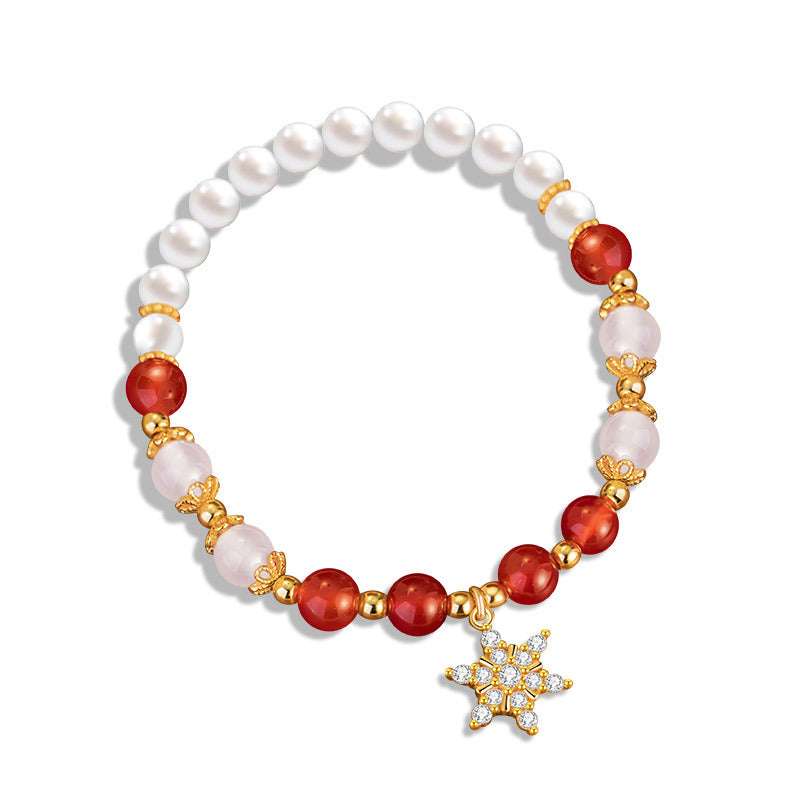 Snowflake Sterling Silver 925 Bracelet Women's Fashion All-Match Shijia Pearl Bracelet Ins Style Christmas Gift Chalcedony Bracelet