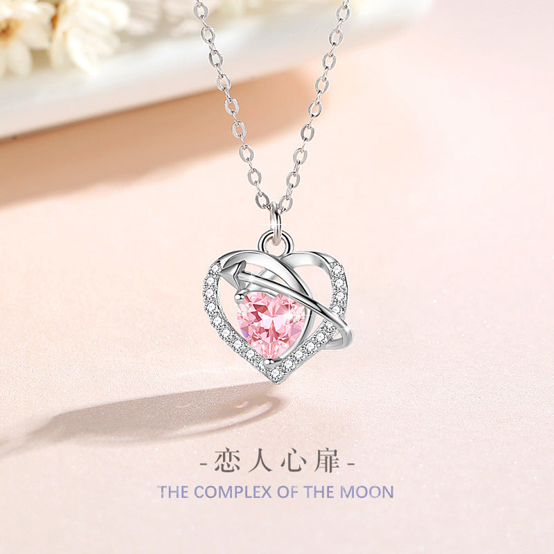 Women's Heart-Shaped Sterling Silver 925 Necklace, Fashionable All-Match Pink Zircon Clavicle Chain, INS Heart-Piercing Pendant
