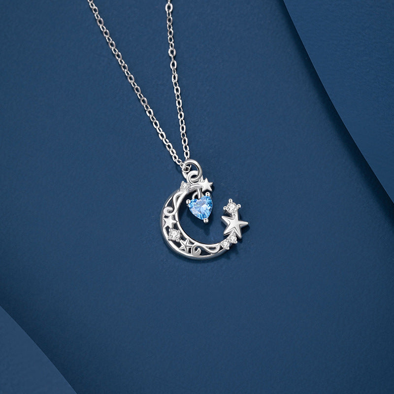 Star Sterling Silver 925 Necklace Female Niche Design Light Luxury Heart Zircon Clavicle Chain Ins Style Moon Pendant