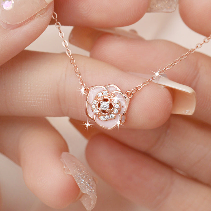 Camellia Sterling Silver 925 Necklace for Women, Niche Design, Light Luxury Clavicle Chain, INS Style Flower Zircon Pendant