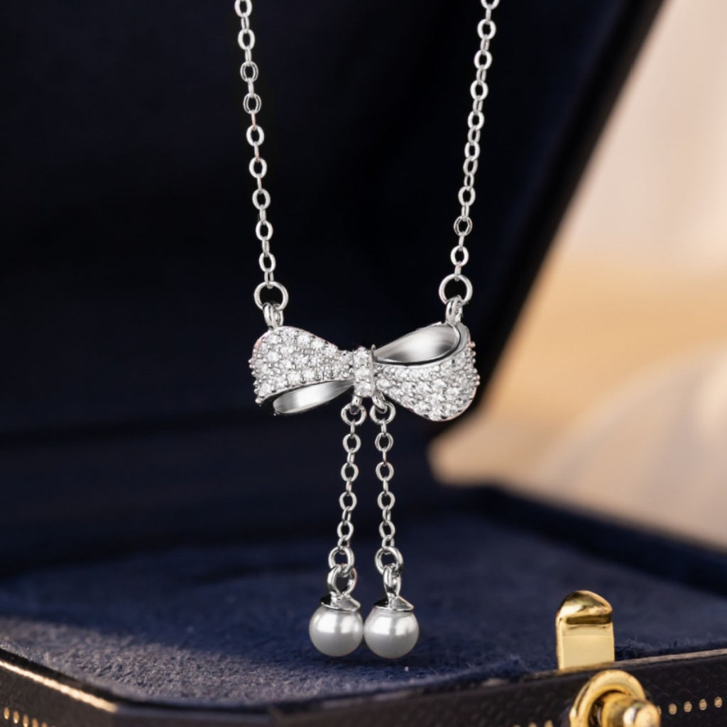 Princess on the Run Sterling Silver 925 Necklace Women's Light Luxury High-Grade Bow Clavicle Chain Shijia Pearl Pendant
