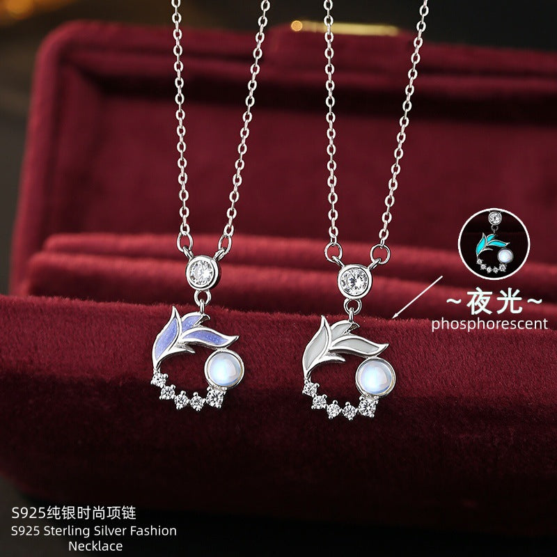 Luminous Enamel S925 Sterling Silver Necklace Mermaid Garland Moonstone Pendant Niche Girlfriends Clavicle Chain Gift for Women