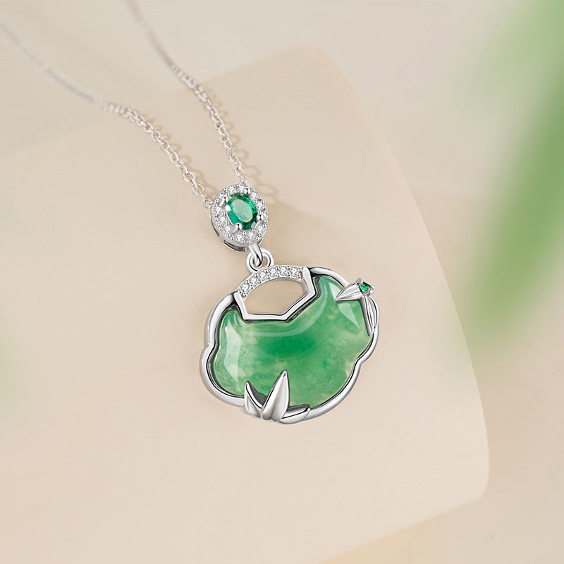 Xiangyun Ruyi Lock Sterling Silver 925 Necklace Women's New Chinese Style Natural African Emerald Bamboo Clavicle Chain Safety Lock Pendant