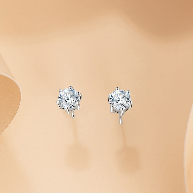 Six-Claw Sterling Silver 925 Stud Earrings Female Niche Design Light Luxury Zircon Earrings Ins Style Girlfriends Same round Earrings
