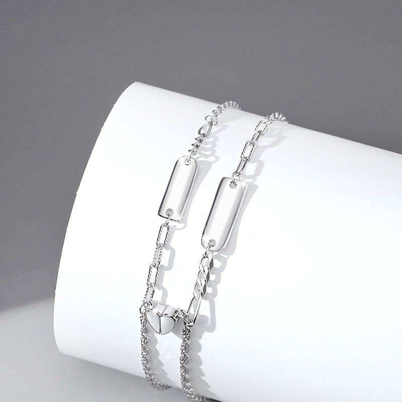 Love Sterling Silver S925 Couple Magnetic Bracelet Niche Design Light Luxury Chain Bracelet Ins Style Square Brand Bracelet