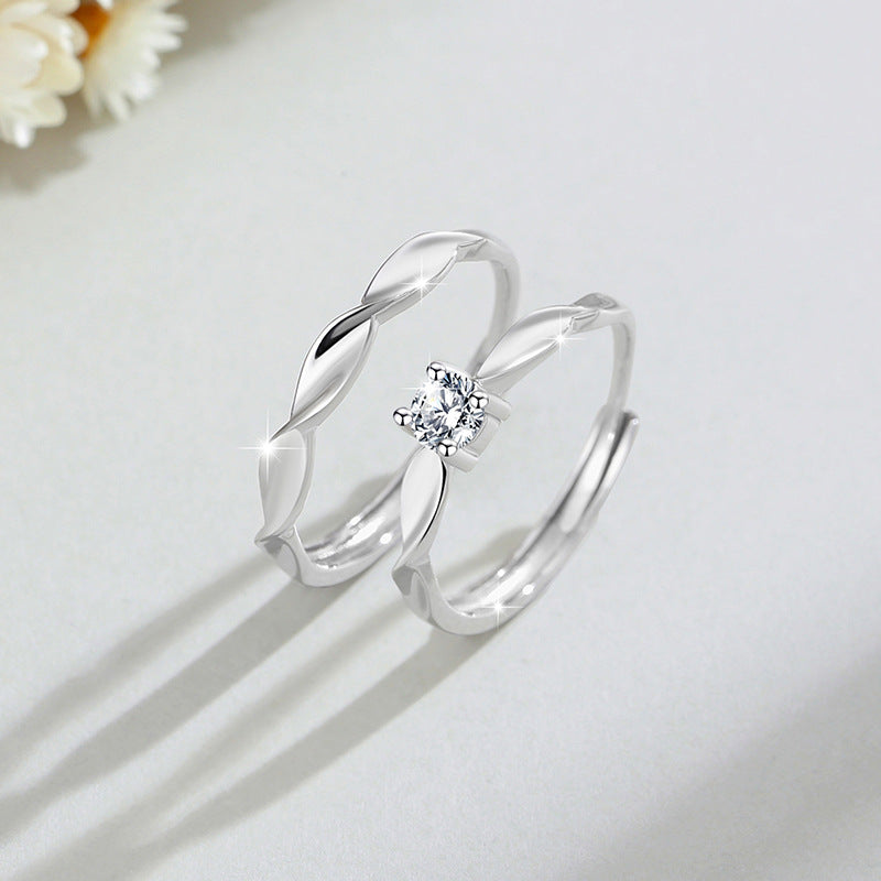 Mobius Pure Silver 999 Couple Ring Men's and Women's Fashion Versatile Four-Claw Zircon Ring Diamond Pattern Pair Ring