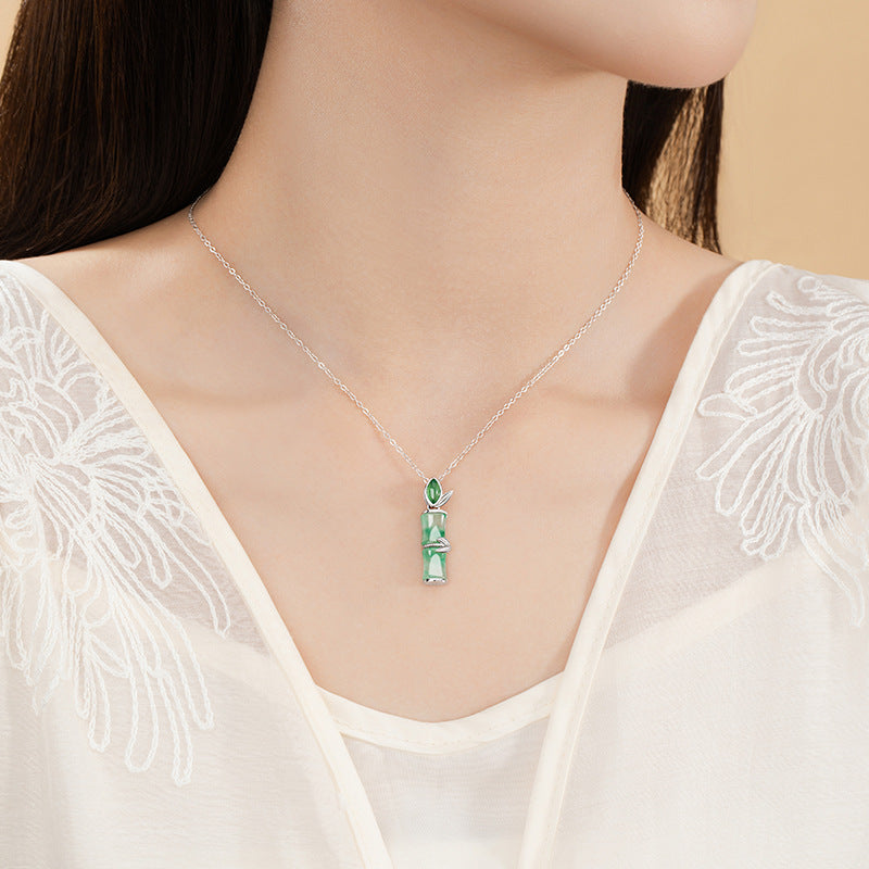 Bamboo Sterling Silver 925 Necklace Women's New Chinese Style National Fashion Natural African Emerald Clavicle Chain High-Rise Chalcedony Pendant