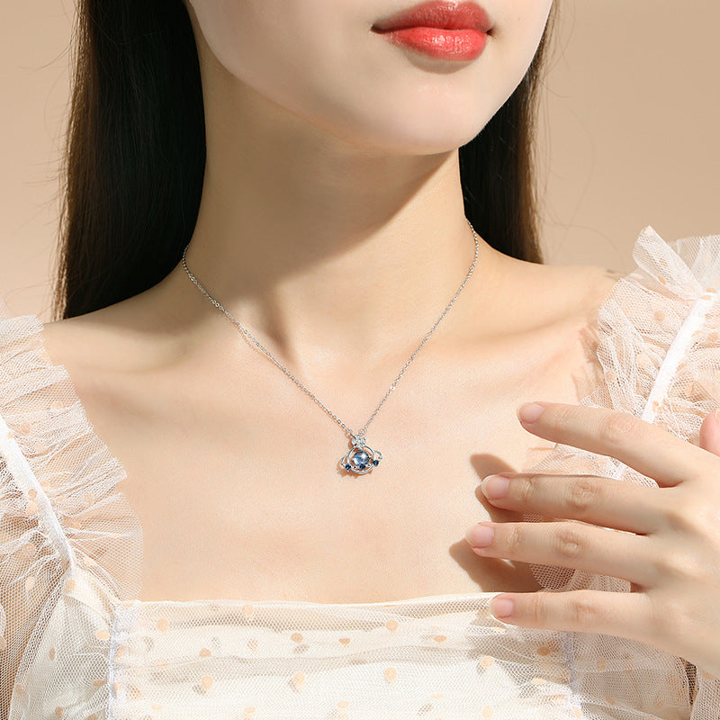Planet Sterling Silver 925 Necklace Women's Fashion All-Match Glass Stone Clavicle Chain Goods Ins Style Saturn Zircon Pendant