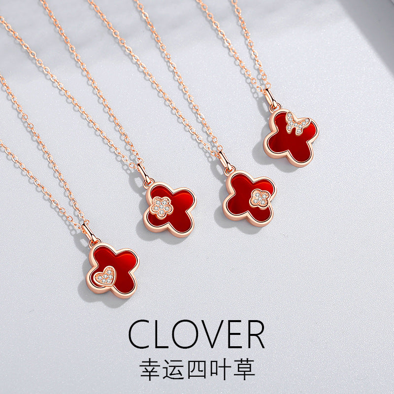 Original Clover Sterling Silver 925 Necklace Women's Light Luxury Chinese Valentine's Day Gift for Girlfriend Ins Simple Red Agate Pendant
