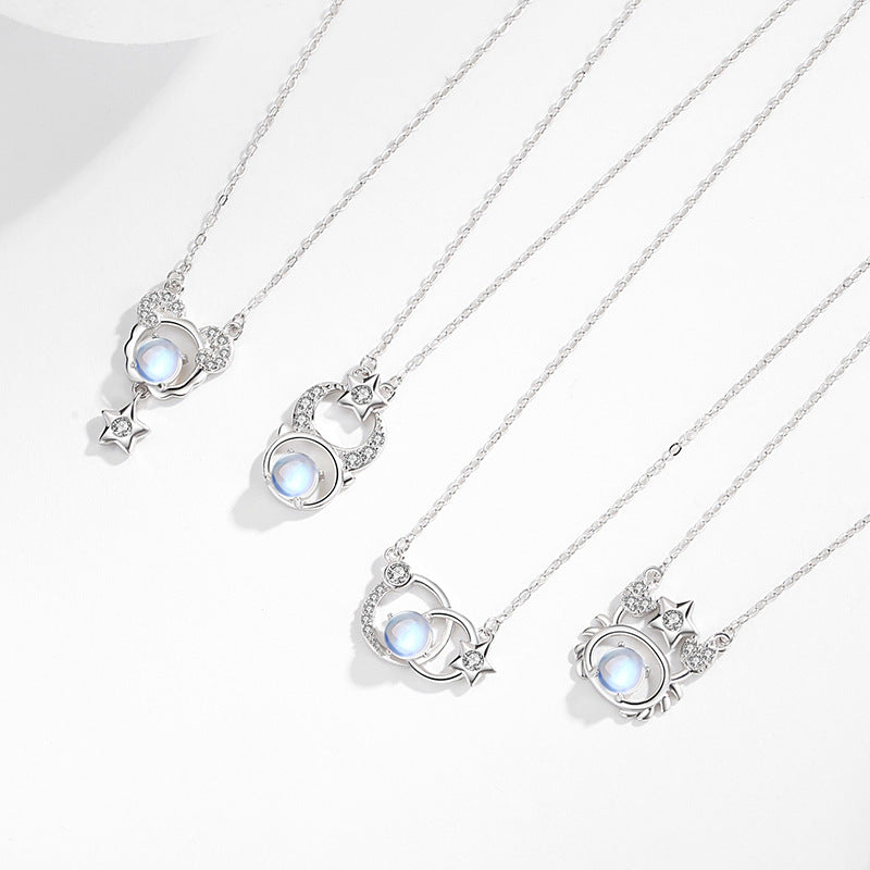 Twelve Constellation Sterling Silver 925 Necklace Female Niche Design Light Luxury Star Clavicle Chain Dream Moonstone Pendant