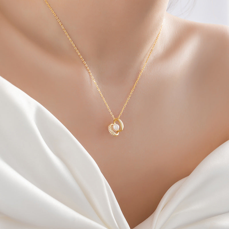 Ring Buckle Sterling Silver 925 Necklace Female Niche Design Light Luxury Pearl Clavicle Chain Ins Surrounding Planet Pendant