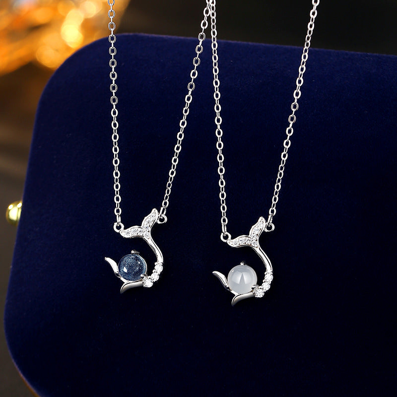 For the Rest of Your Life, You Have S925 Sterling Silver Necklace, Female Niche Design, Natural White Agate Glass Stone Pendant, Fishtail Clavicle Chain