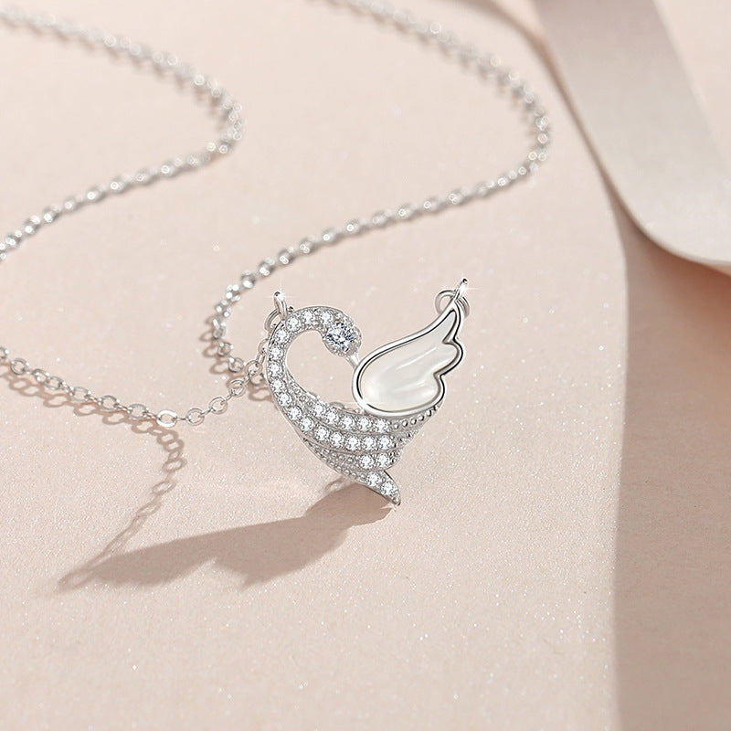 Original Swan Sterling Silver 925 Necklace Female Niche Design Light Luxury Zircon Clavicle Chain Ins Style White Fritillary Pendant