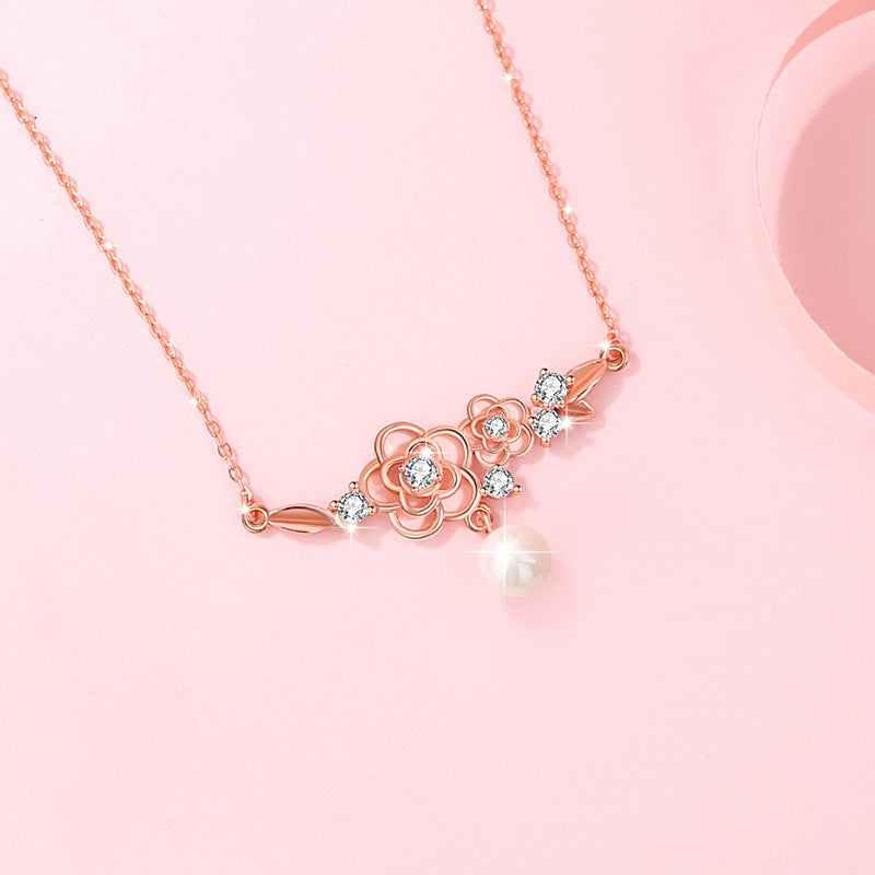 Cherry Blossom Sterling Silver 925 Necklace Female Niche Design Light Luxury Flower Clavicle Chain Ins Style Zircon Pearl Pendant
