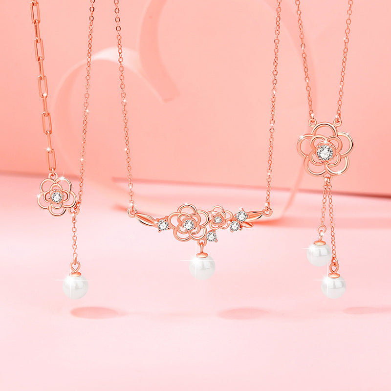 Cherry Blossom Sterling Silver 925 Necklace Female Niche Design Light Luxury Flower Clavicle Chain Ins Style Zircon Pearl Pendant