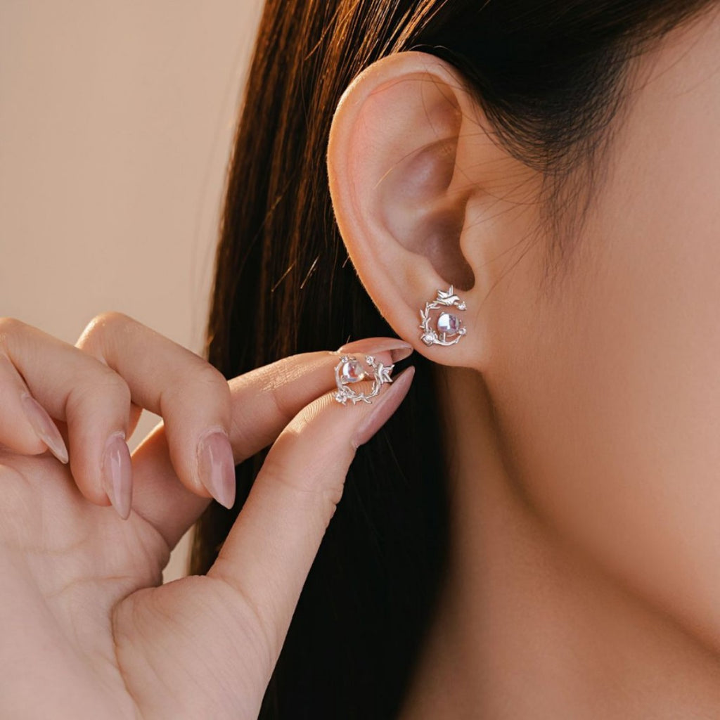 Blue Eucalyptus and Bird Sterling Silver 925 Stud Earrings Female Niche Design Light Luxury Zircon Earrings Ins Little Red Book Garland Earrings