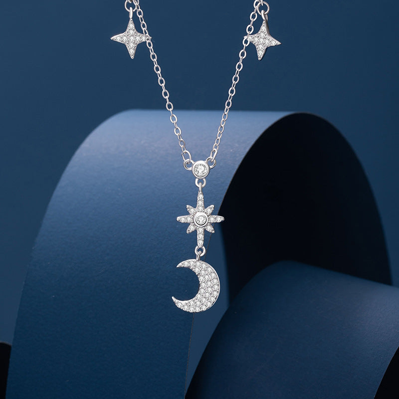 Moon Sterling Silver 925 Necklace Female Niche Design Light Luxury Tassel Zircon Clavicle Chain Ins Style Star Pendant