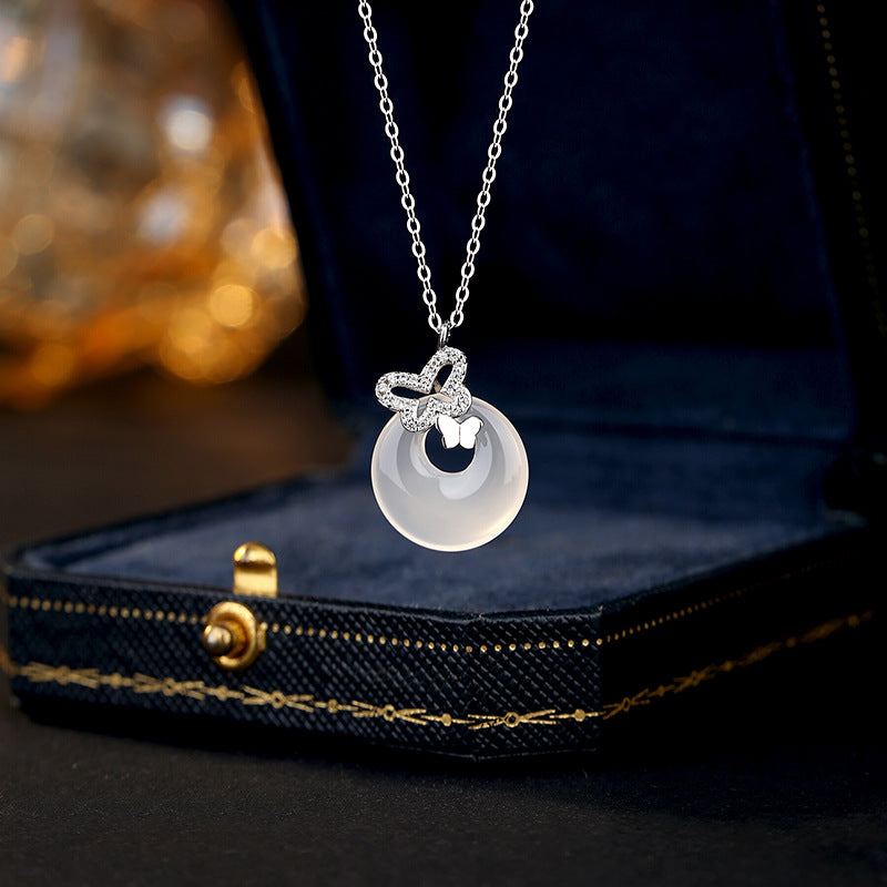 S925 Sterling Silver Necklace Women's Natural White Chalcedony Safety Buckle Butterfly Pendant National Style Women's Birthday Gift Clavicle Chain
