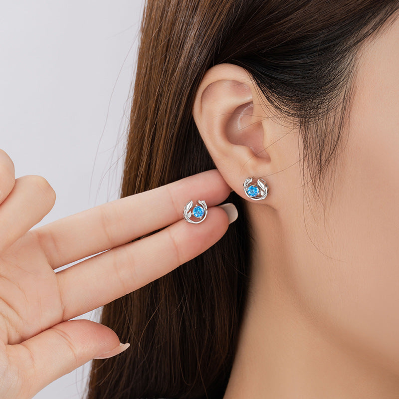 Yu You Accompany Sterling Silver 925 Stud Earrings Women's Fashion Versatile Blue Zircon Earrings Ins Style Light Luxury Feather Earrings
