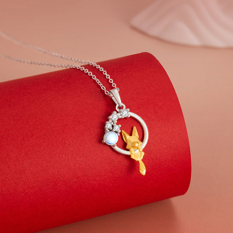 Fox Sterling Silver 925 Necklace Women's National Fashion New Year Flower Glass Stone Clavicle Chain Ins Style Fox Fairy Pendant