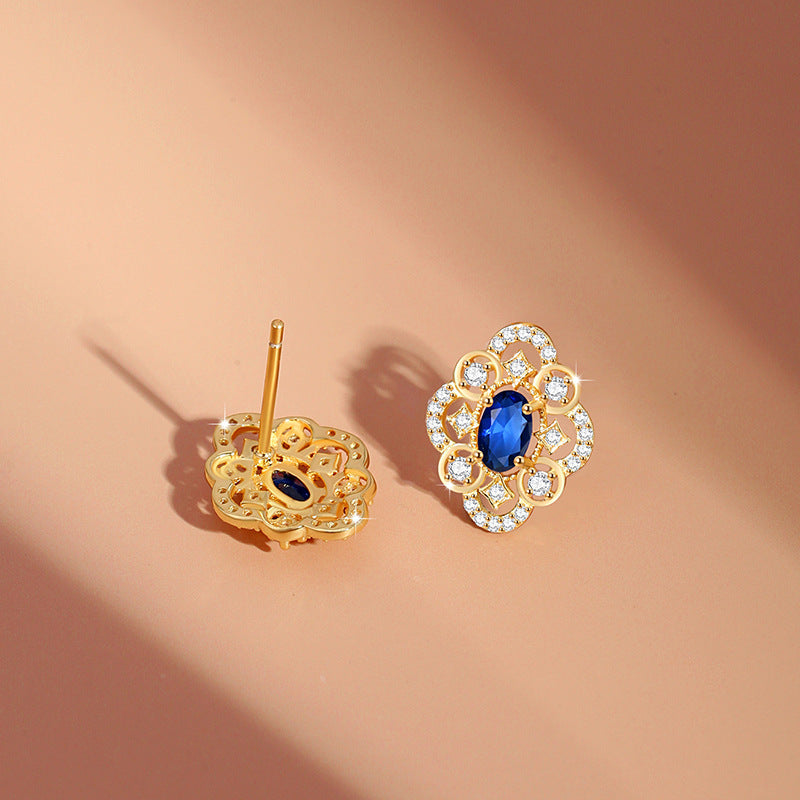 Clover Sterling Silver 925 Stud Earrings Female Niche Design Light Luxury Blue Zircon Flower Earrings Ins Style Lovely Earrings