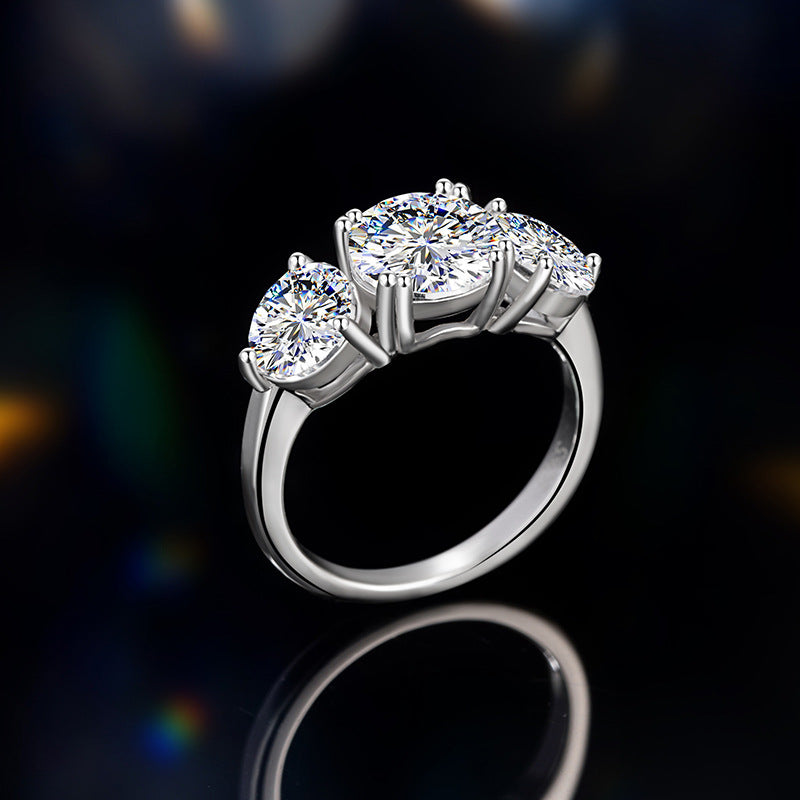 Sansheng Stone Sterling Silver 925 Diamond Ring Women's Light Luxury Engagement Wedding Ring Ins Style Triple Row Ring