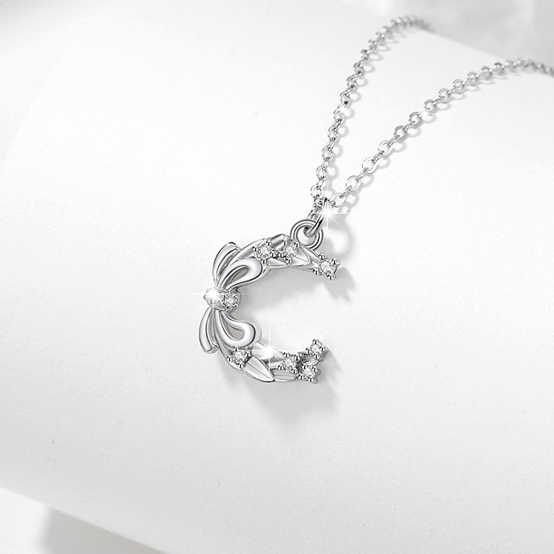 Bowknot Sterling Silver 925 Necklace Female Niche Design Light Luxury Zircon Clavicle Chain Get Things Ins Style Moon Pendant