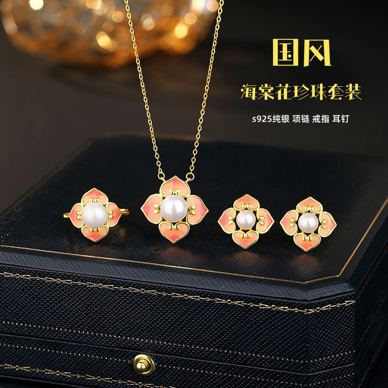 New Chinese Natural Freshwater Pearl Set S925 Sterling Silver Begonia Flower Necklace Ring Stud Earrings Enamel National Style Jewelry
