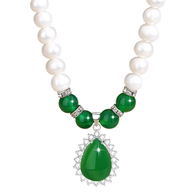 Natural Freshwater Pearl Alloy Necklace Women's Fashion All-Match Clavicle Chain Gift for Mother's Day Green Agate Pendant